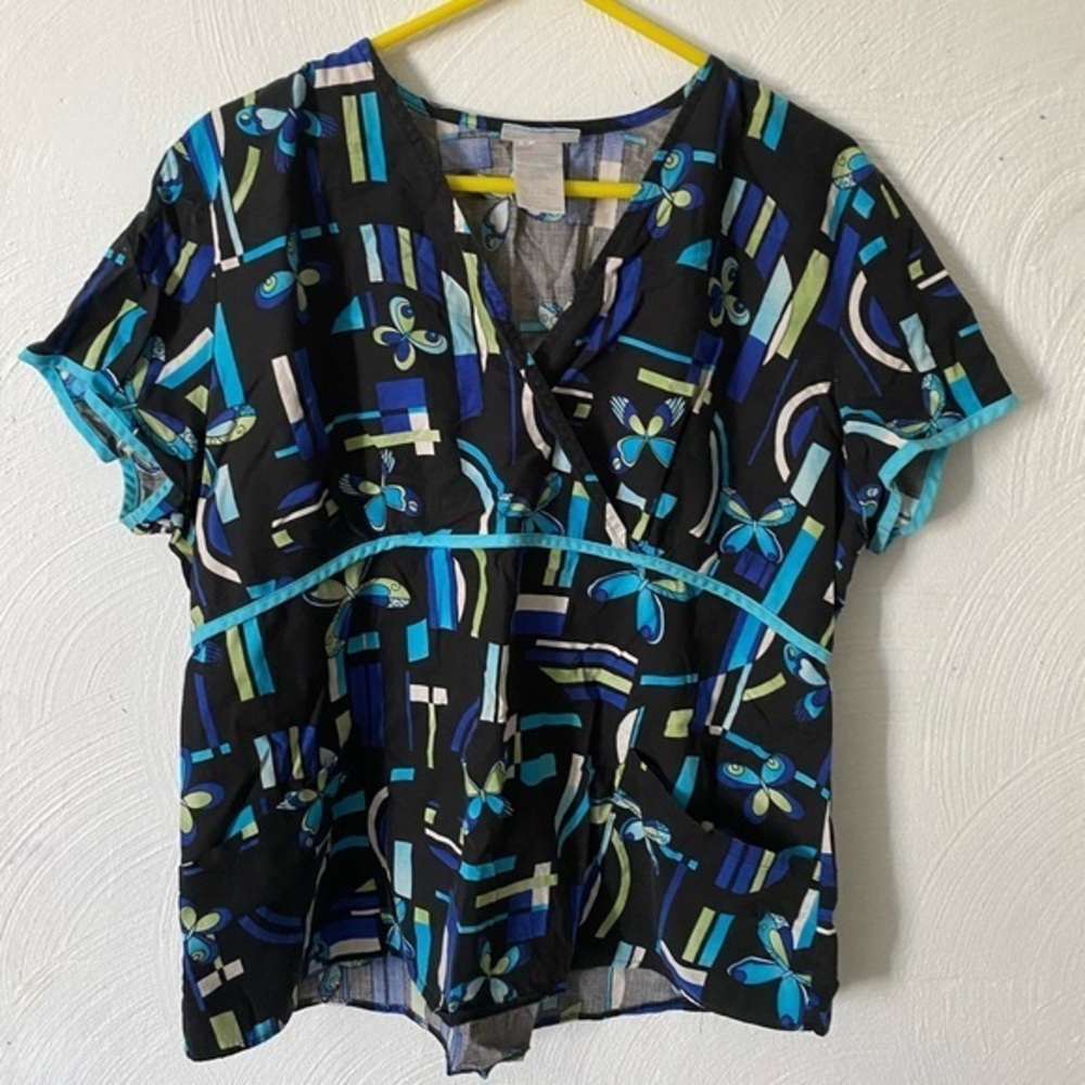 SB Scrub Top Women’s Size‎ XL Cotton Black Blue Short Sleeve Pull Over